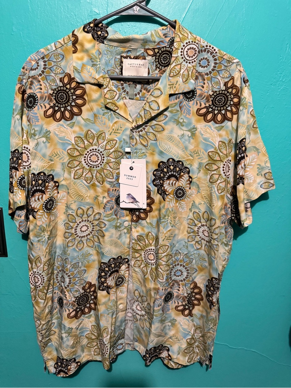 Cactus Men’s Short-Sleeve Floral Button-Down Shirt - Light Blue, Green, Brown